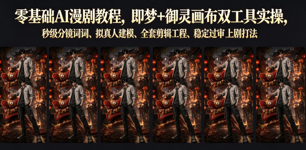 零基础AI漫剧教程,即梦+御灵画布双工具实操,秒级分镜提示词、拟真人建模、全套剪辑工程、稳定过审上剧打法-云网创