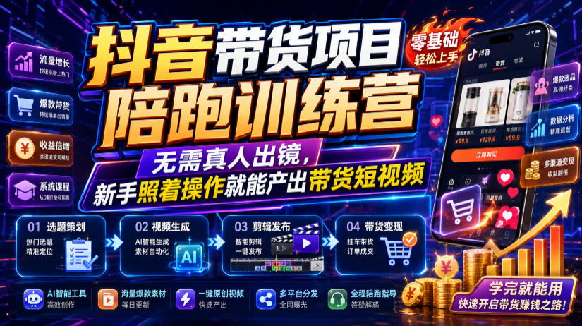 抖音带货项目陪跑训练营，无需真人出镜，新手照着操作就能产出带货短视频-云网创