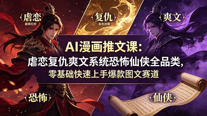 AI漫画推文课：虐恋复仇爽文系统恐怖仙侠全品类，零基础快速上手爆款图文赛道-云网创