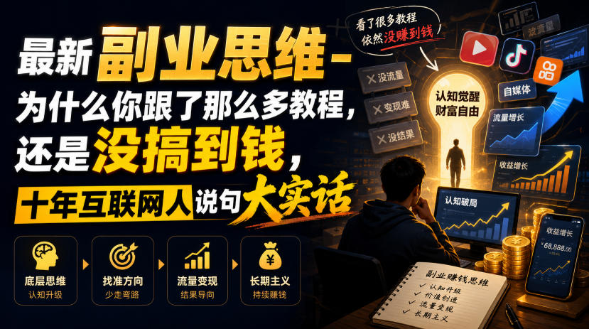 最新副业思维-为什么你跟了那么多教程,还是没搞到钱,十年互联网人说句大实话【揭秘】-云网创