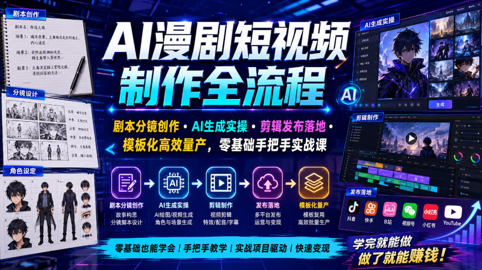 AI漫剧短视频制作全流程|剧本分镜创作・AI生成实操・剪辑发布落地・模板化高效量产,零基础手把手实战课-云网创