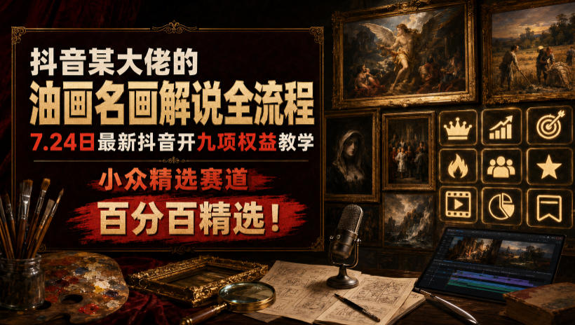 抖音某大佬的油画名画解说全流程,7.24日最新抖音开九项权益教学,小众精选赛道,百分百精选!-云网创