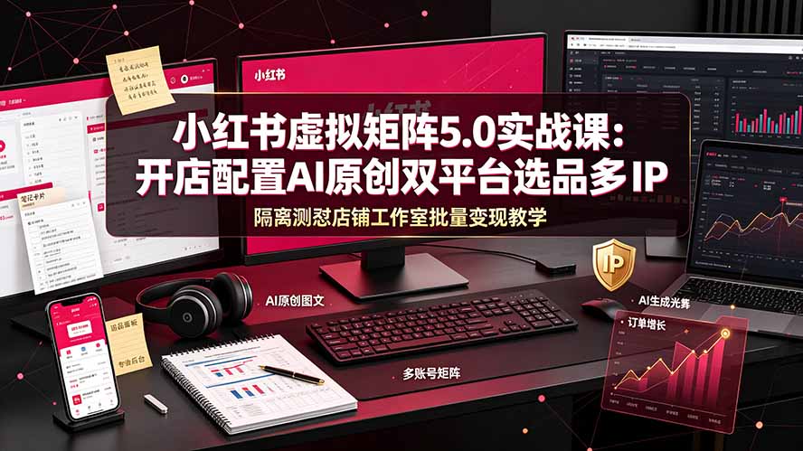 小红书虚拟矩阵5.0实战课：开店配置｜AI原创｜双平台选品｜多IP隔离｜测怼店铺工作室批量变现实操教学-云网创