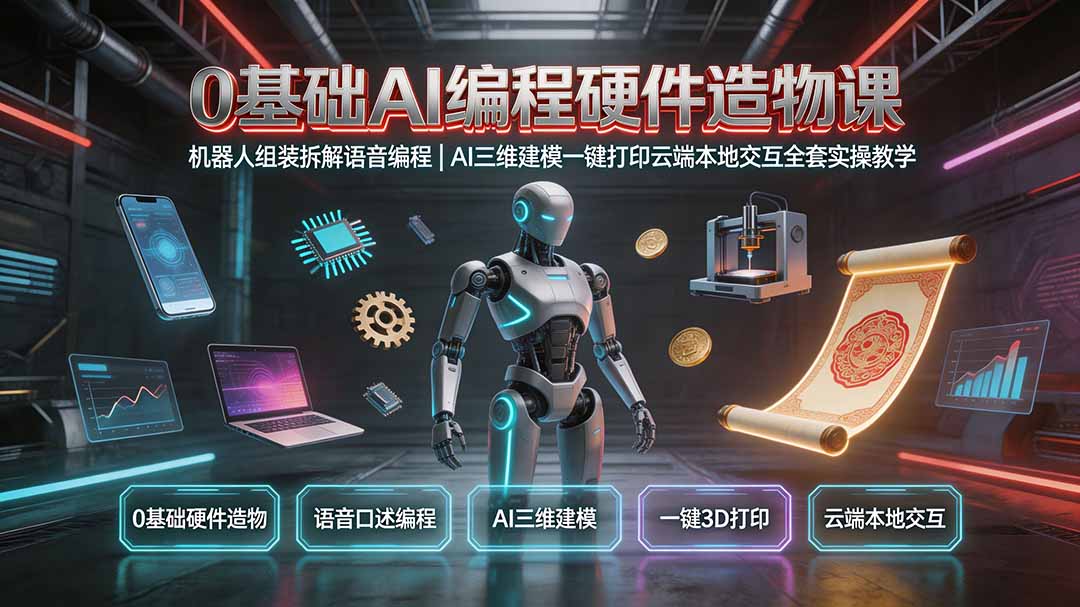 0基础AI编程硬件造物课｜机器人组装拆解语音编程，AI三维建模一键打印云端本地交互全套实操教学-云网创