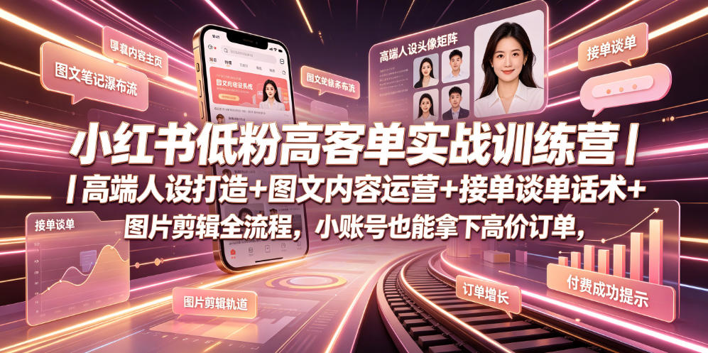 小红书低粉高客单实战训练营｜高端人设打造+图文内容运营+接单谈单话术+图片剪辑全流程，小账号也能拿下高价订单-云网创
