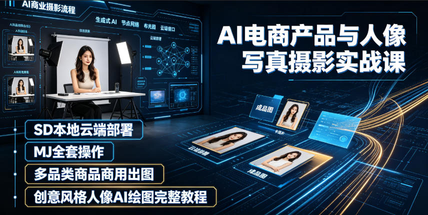 AI电商产品与人像写真摄影实战课|SD本地云端部署、MJ全套操作、多品类商品商用出图、创意风格人像AI绘图完整教程-云网创