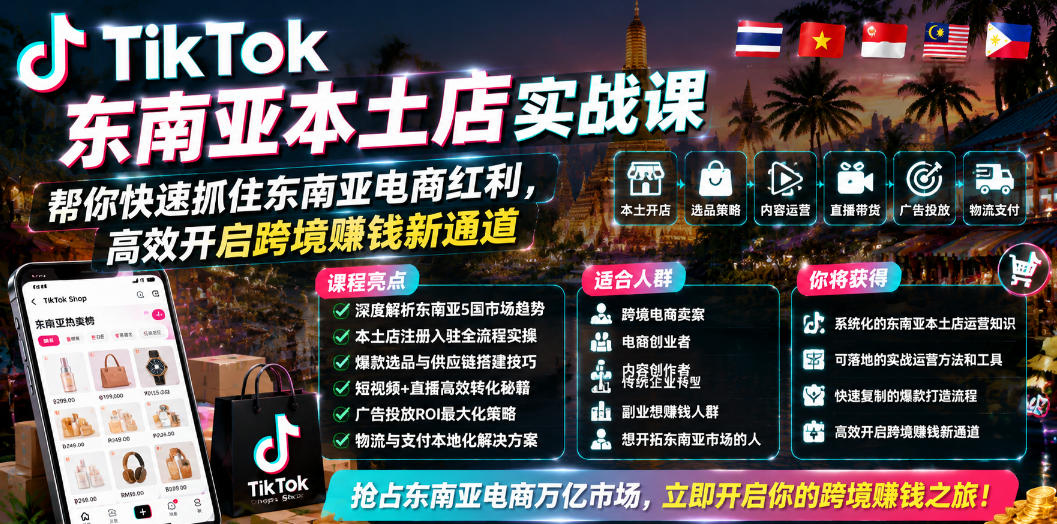TikTok东南亚本土店实战课,帮你快速抓住东南亚电商红利,高效开启跨境賺钱新通道-云网创
