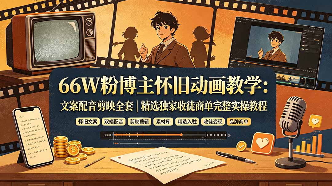 66W粉博主怀旧动画教学:文案配音剪映全套|精选独家收徒商单完整实操教程-云网创
