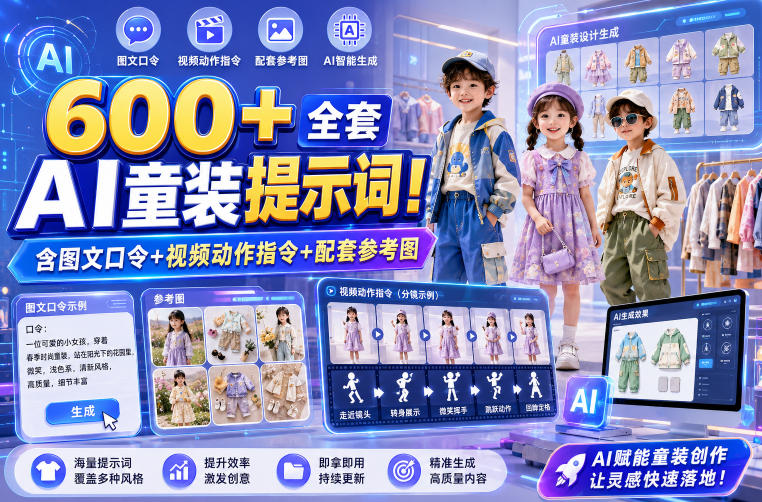 600+全套AI童装提示词！含图文口令+视频动作指令+配套参考图，Word-Excel规整分类，童装电商、种草无脑量产内容！-云网创