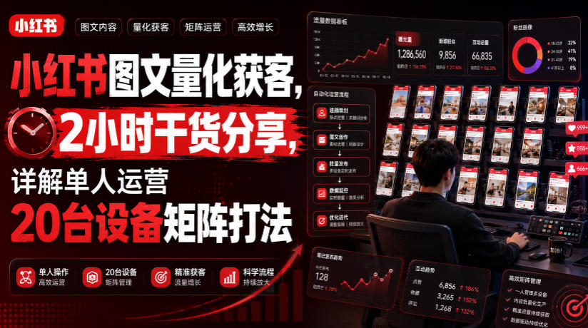 小红书图文量化获客，2小时干货分享，详解单人运营20台设备矩阵打法-云网创