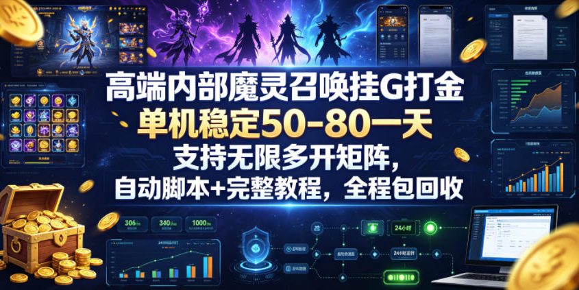 高端内部魔灵召唤挂G打金，单机稳定50-80一天，支持无限多开矩阵，自动脚本+完整教程，全程包回收【揭秘】-云网创