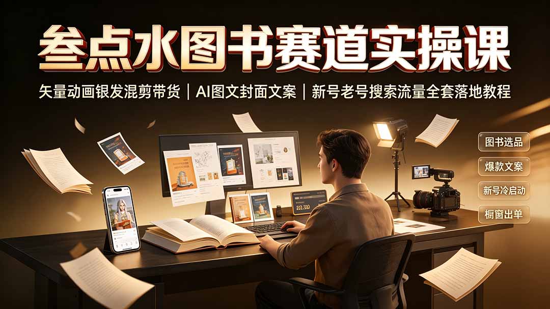 叁点水图书赛道实操课｜矢量动画银发混剪带货，AI图文封面文案，新号老号搜索流量全套落地教程-云网创