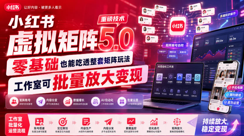 小红书虚拟矩阵5.0重磅技术,零基础也能吃透整套矩阵玩法,工作室可批量放大变现-云网创