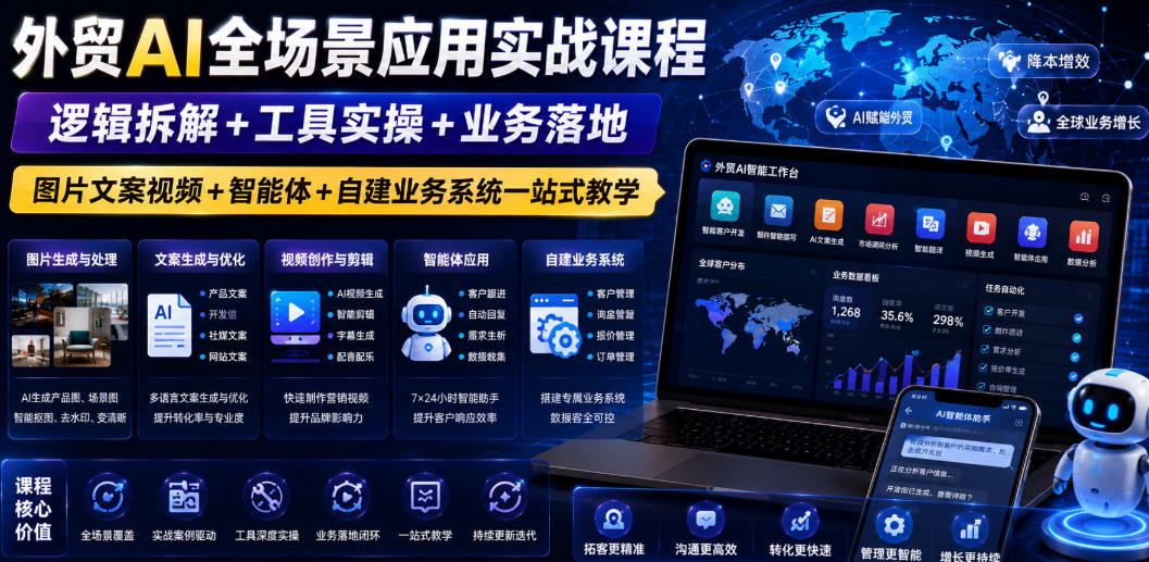 外贸AI全场景应用实战课程|逻辑拆解+工具实操+业务落地,图片文案视频+智能体+自建业务系统一站式教学-云网创