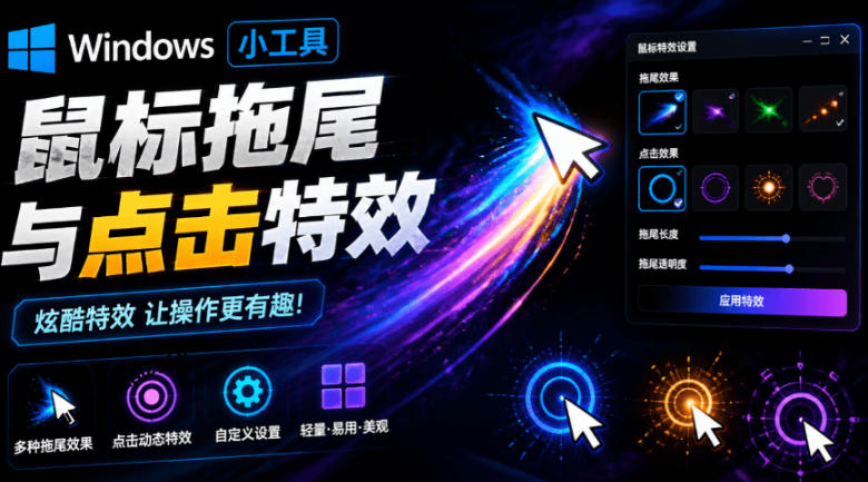 Windows特效小工具！一键给你的鼠标添加拖尾与点击动态特效，吾爱出品，免费使用Mouse Trail-云网创