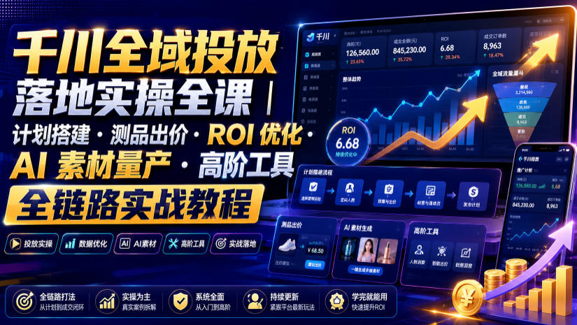 千川全域投放落地实操全课|计划搭建・测品出价・ROI优化・AI素材量产・高阶工具全链路实战教程-云网创