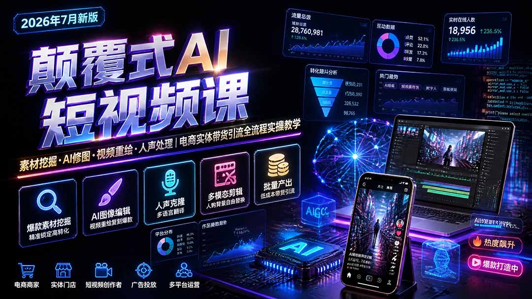颠覆式AI短视频课｜素材挖掘，AI修图，视频重绘，人声处理｜电商实体带货引流全流程实操教学-云网创