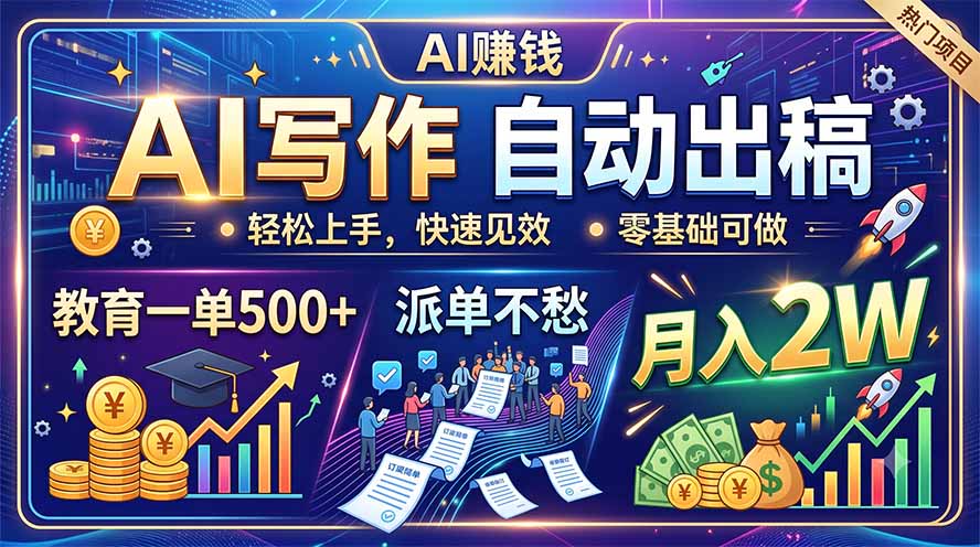 AI写作自动出稿，教育一单500+，派单不愁，月入2W-云网创