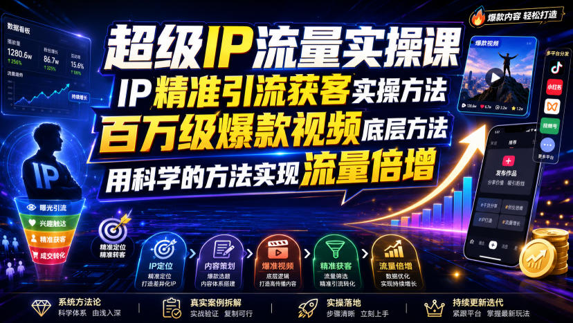超级IP流量实操课，IP精准引流获客实操方法，百万级爆款视频底层方法，用科学的方法实现流量倍增-云网创