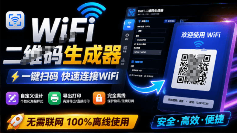 完全离线使用!WiFi二维码生成器,一键扫码快速连接WiFi,支持自定义风格导出WiFi二维码生成器-云网创