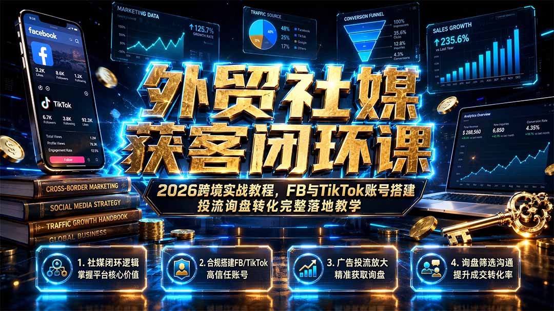 外贸社媒获客闭环课｜2026跨境实战教程，FB与TikTok账号搭建投流询盘转化完整落地教学-云网创