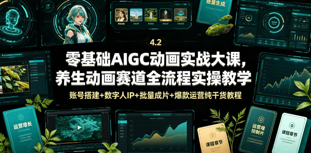 零基础AIGC动画实战大课,养生动画赛道全流程实操教学,账号搭建+数字人IP+批量成片+爆款运营纯干货教程-云网创