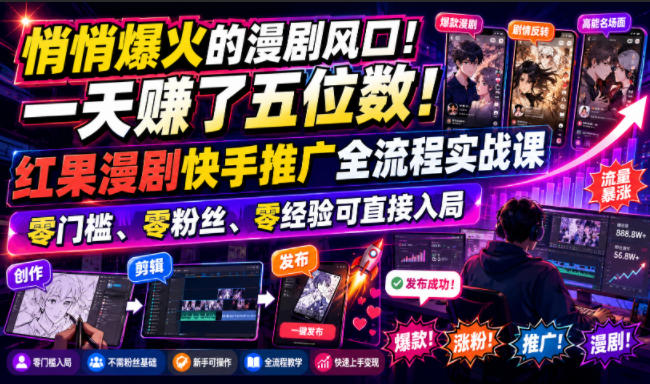 悄悄爆火的漫剧风口！一天賺了五位数！红果漫剧快手推广全流程实战课，零门槛、零粉丝、零经验可直接入局-云网创
