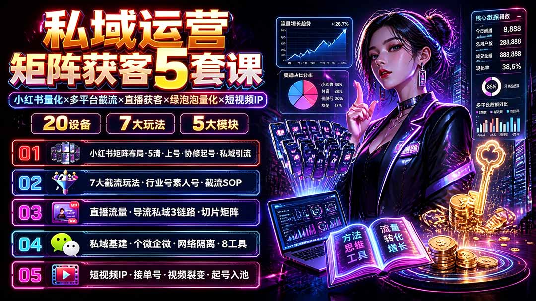 私域运营矩阵获客5套课：小红书量化×多平台截流×直播获客×绿泡泡量化×短视频IP×20设备×7大玩法-云网创