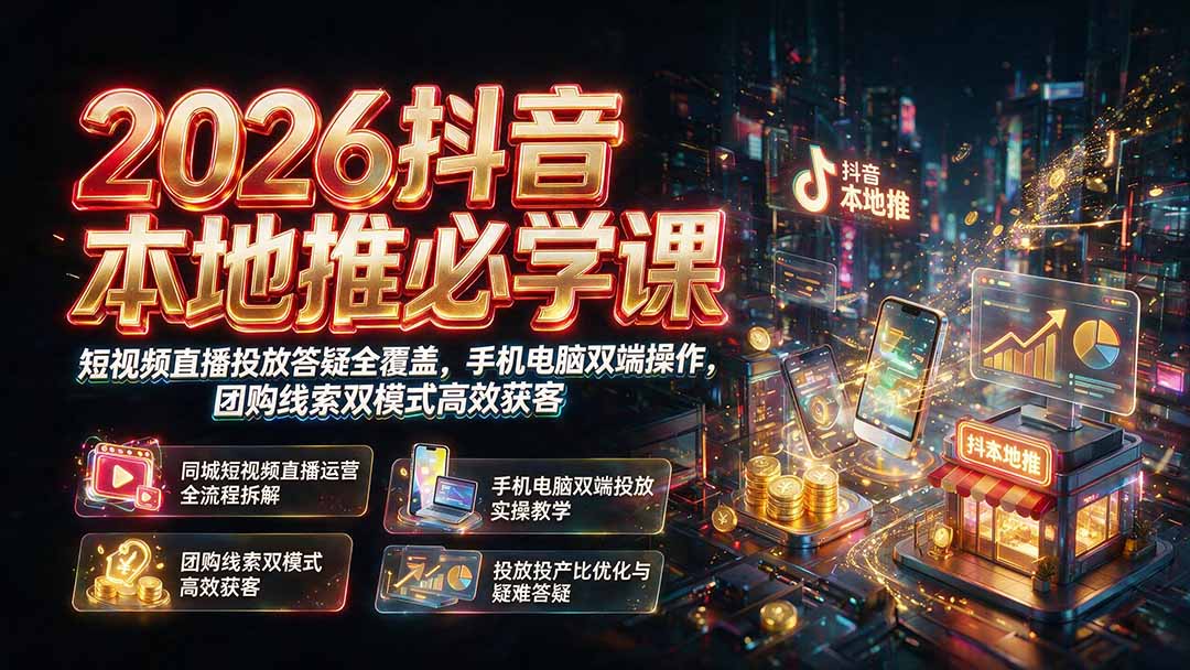 2026抖音本地推必学课｜短视频直播投放答疑全覆盖，手机电脑双端操作，团购线索双模式高效获客-云网创