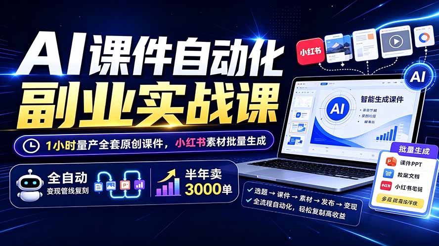 AI课件自动化副业实战课：1小时量产全套原创课件×小红书素材批量生成×全自动变现管线×半年卖3000单-云网创