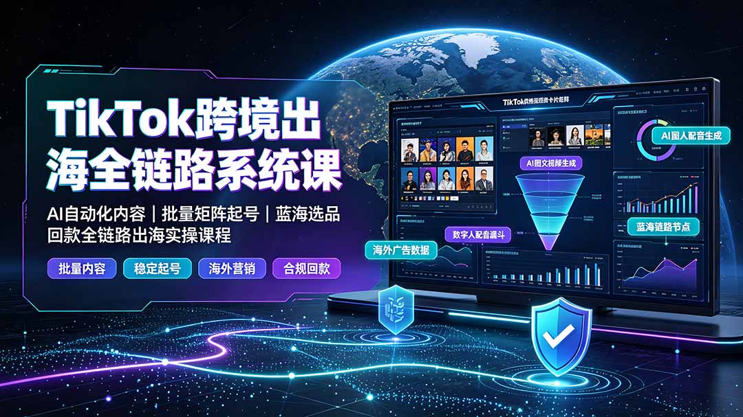 TikTok跨境出海全链路系统课-2026年7月:AI自动化内容|批量矩阵起号|蓝海选品回款全链路出海实操课程-云网创