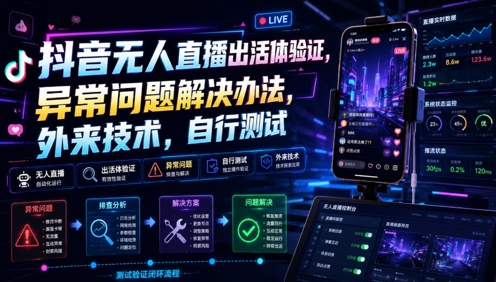 抖音无人直播出活体验证，异常问题解决办法，外来技术，自行测试-云网创