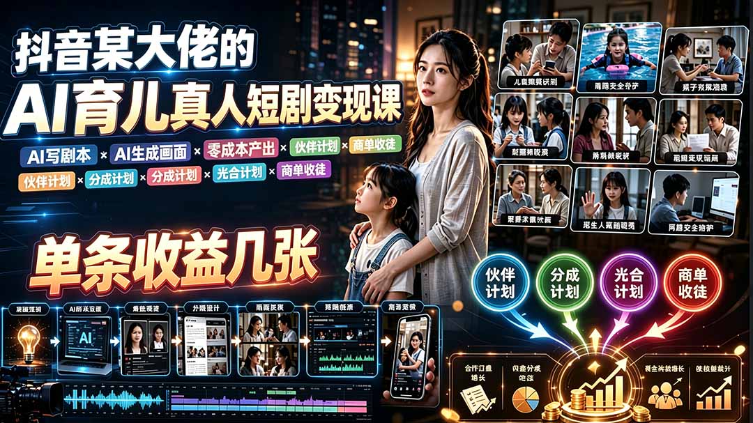 AI育儿真人短剧变现课:AI写剧本×AI生成画面×零成本产出×伙伴计划×分成计划×光合计划×商单收徒-云网创