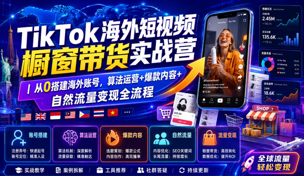 TikTok海外短视频橱窗带货实战营｜从0搭建海外账号，算法运营+爆款内容+自然流量变现全流程-云网创