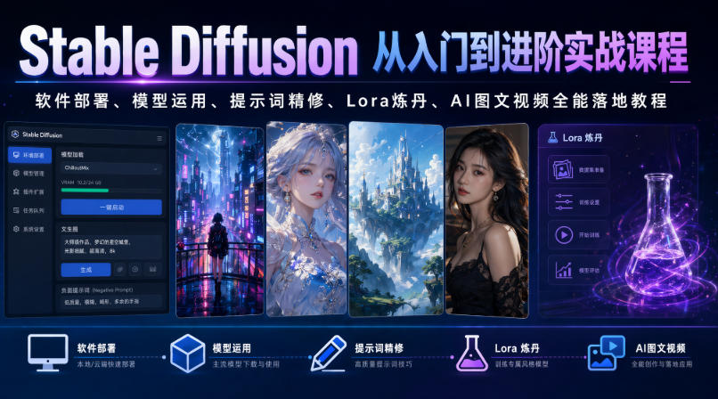 Stable Diffusion从入门到进阶实战课程|软件部署、模型运用、提示词精修、Lora炼丹、AI图文视频全能落地教程-云网创