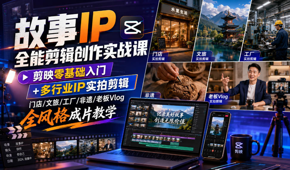 故事IP全能剪辑创作实战课｜剪映零基础入门+多行业IP实拍剪辑，门店/文旅/工厂/非遗/老板Vlog全风格成片教学-云网创