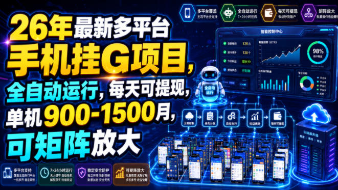26年最新多平台手机挂G项目，全自动运行，每天可提现，单机900-1500月，可矩阵放大【揭秘】-云网创