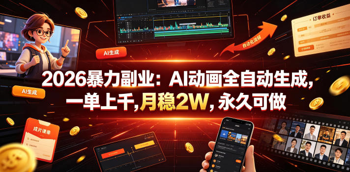 2026暴力副业:AI动画全自动生成,一单上千,月稳2W,永久可做【揭秘】-云网创
