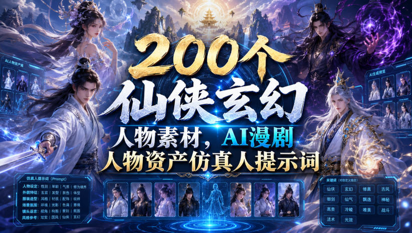 200个仙侠玄幻人物素材,AI漫剧人物资产仿真人提示词-云网创