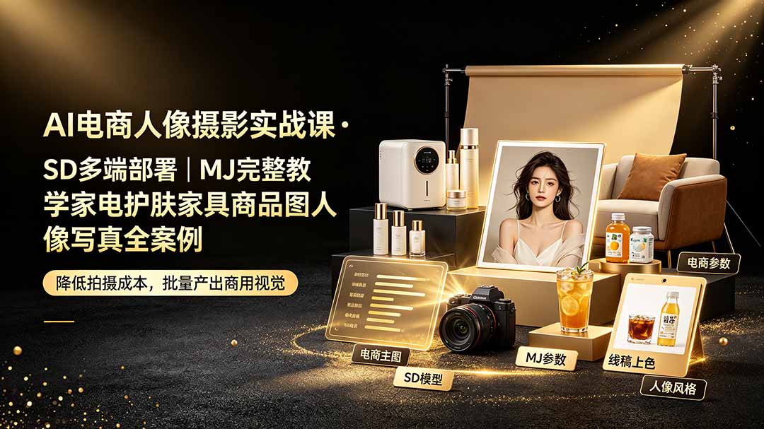 AI电商人像摄影实战课·SD多端部署｜MJ完整教学｜家电护肤家具商品图人像写真全案例-云网创
