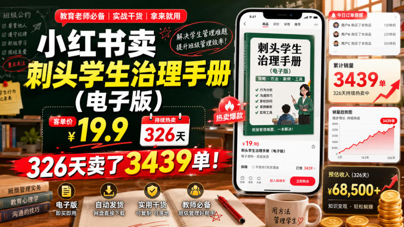小红书卖刺头学生治理手册(电子版),客单价19.9,326天卖了3439单!-云网创