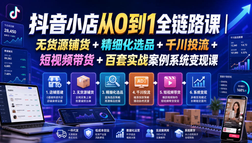 抖音小店从0到1全链路课｜无货源铺货+精细化选品+千川投流+短视频带货+百套实战案例系统变现课(2026年7月更新)-云网创