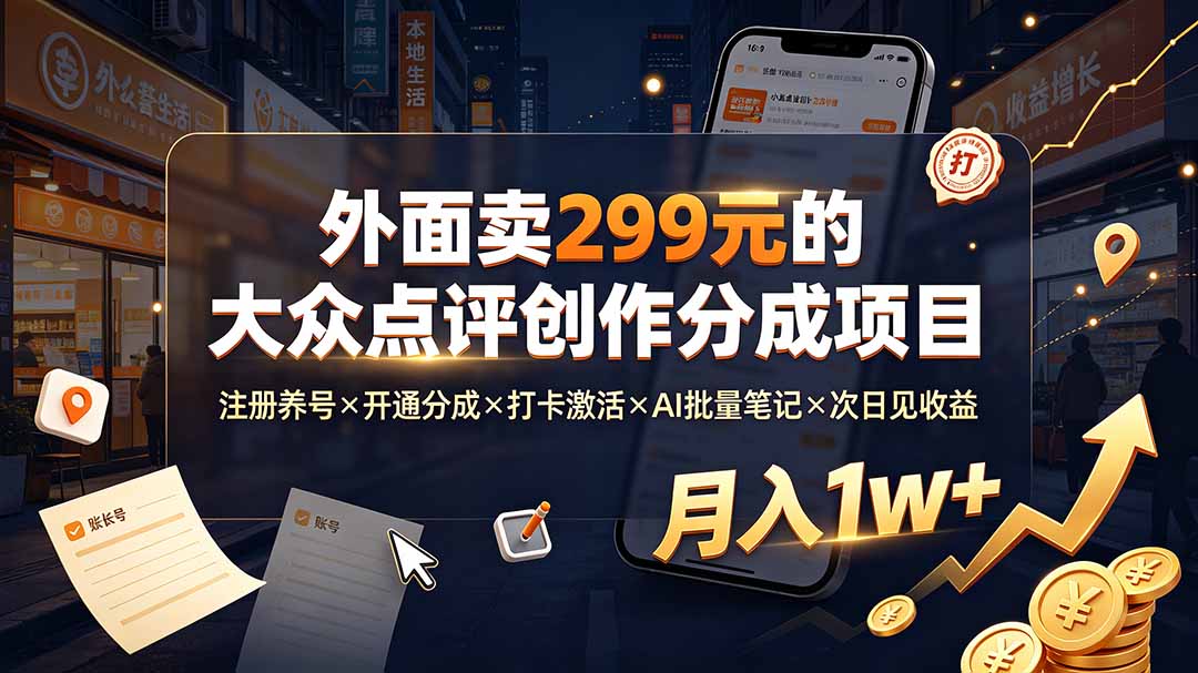 外面卖299元的大众点评创作分成项目：注册养号×开通分成×打卡激活×AI批量笔记×次日见收益，月入1w+-云网创