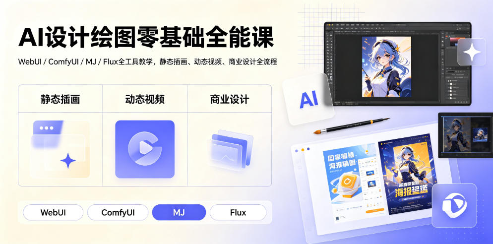 AI设计绘图零基础全能课|WebUI/ComfyUI/MJ/Flux全工具教学,静态插画、动态视频、商业设计全流程-云网创
