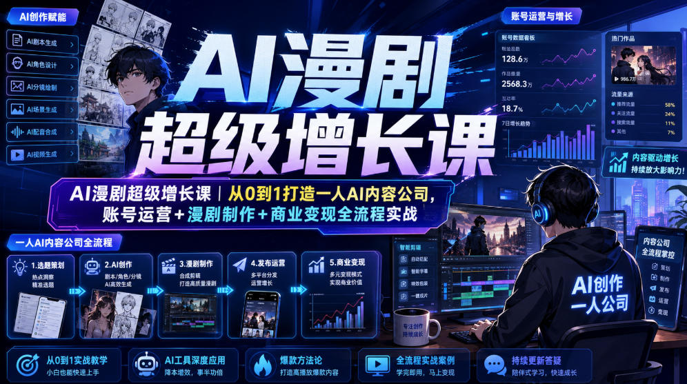 AI漫剧超级增长课｜从0到1打造一人AI内容公司，账号运营+漫剧制作+商业变现全流程实战-云网创