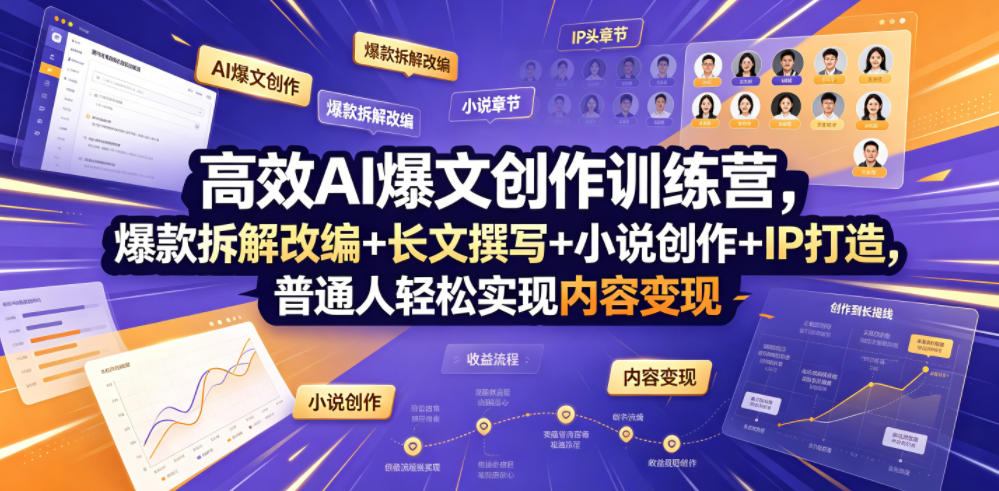 高效AI爆文创作训练营，爆款拆解改编+长文撰写+小说创作+IP打造，普通人轻松实现内容变现-云网创