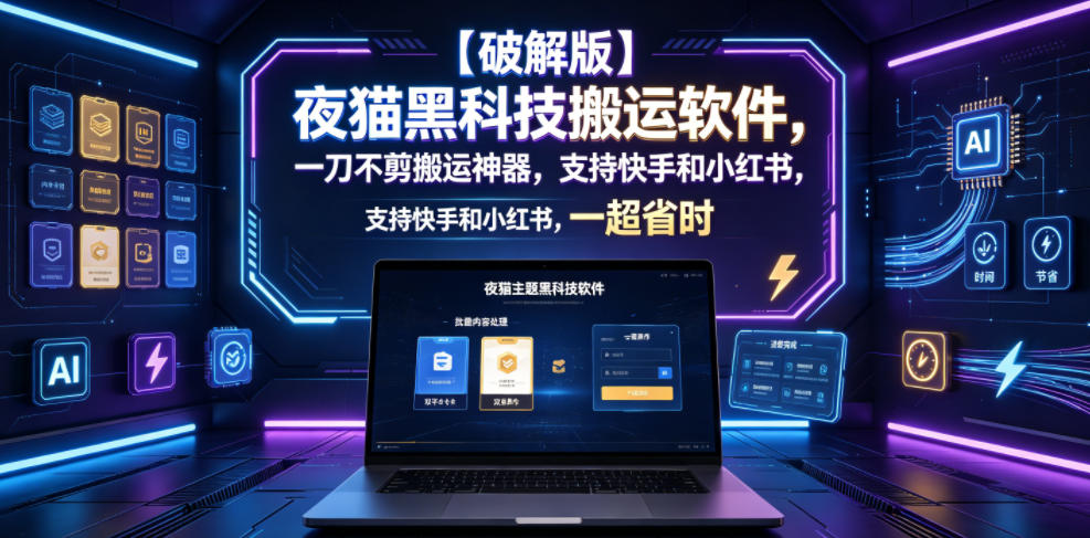 【破解版】夜猫黑科技搬运软件,一刀不剪搬运神器,支持快手和小红书,一键搬运超省时!-云网创