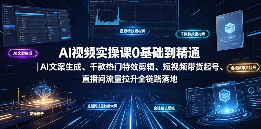 AI视频实操课0基础到精通|AI文案生成、千款热门特效剪辑、短视频带货起号、直播间流量拉升全链路落地-云网创