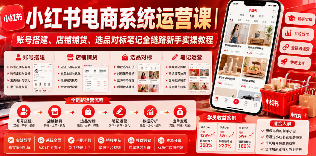 小红书电商系统运营课|账号搭建、店铺铺货、选品对标笔记全链路新手实操教程-云网创