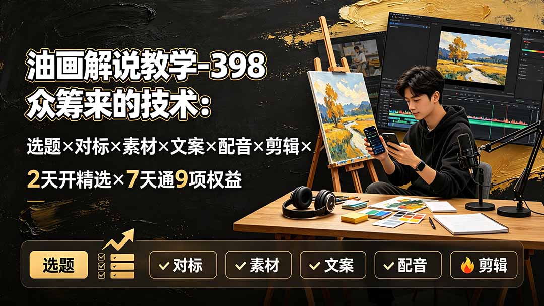 油画解说教学-398众筹来的技术:选题×对标×素材×文案×配音×剪辑×2天开精选×7天通9项权益-云网创